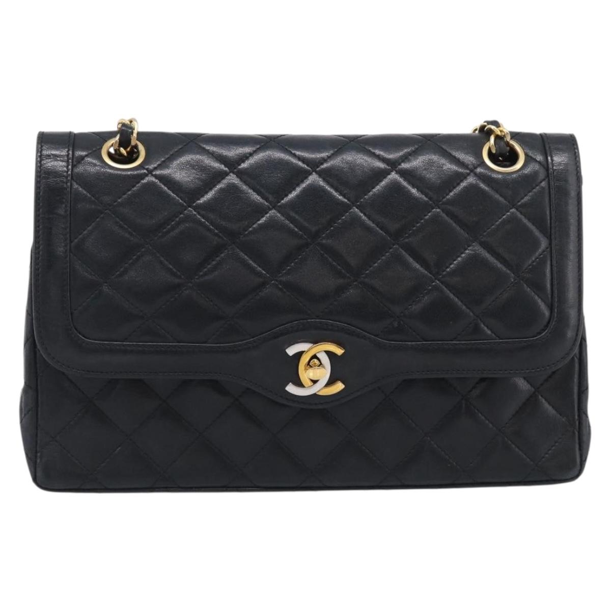 CHANEL Matelasse 26 Chain Shoulder Bag Lamb Skin Black Gold CC Auth 215684V