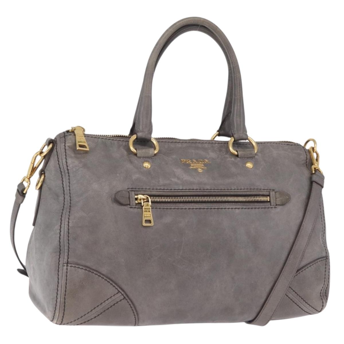 PRADA Vitter Shine Hand Bag Leather 2way Gray Gold Auth 215685V