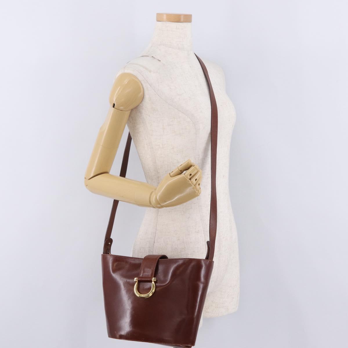 Salvatore Ferragamo Gancini Shoulder Bag Leather Brown Gold Auth 215708