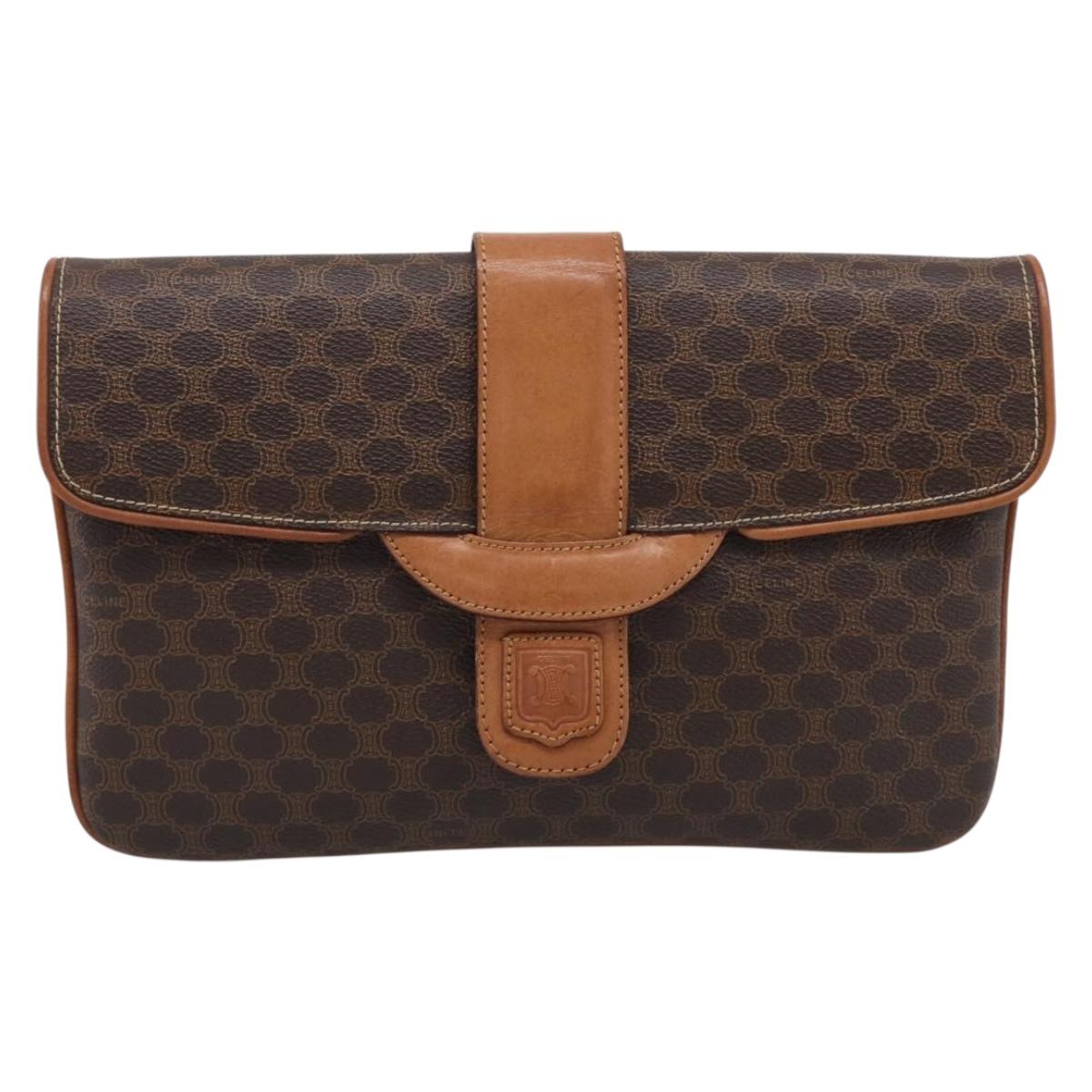 CELINE Macadam Chain Shoulder Bag PVC Brown Gold Auth 215751