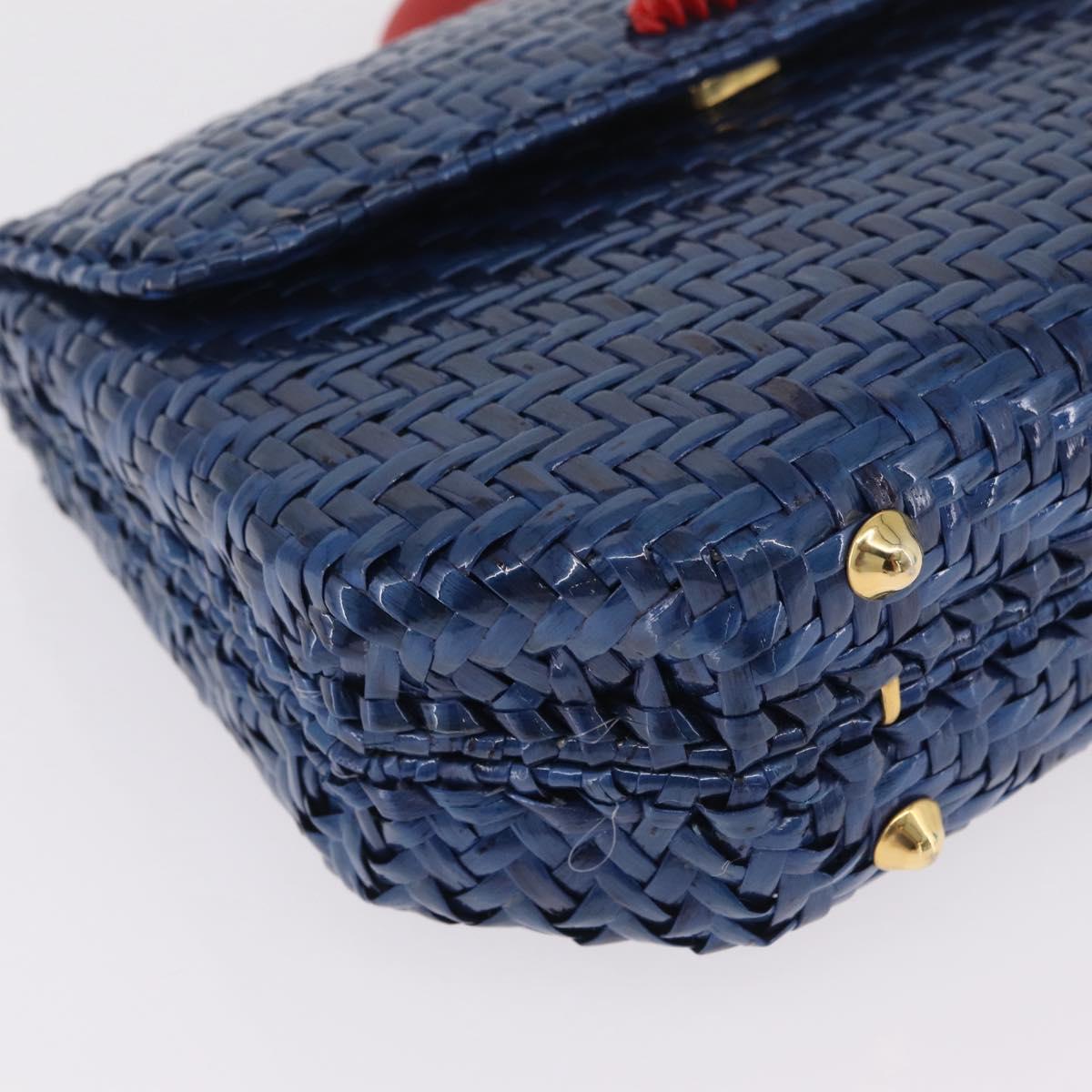 FENDI Macaroni Hand Bag Raffia Blue Gold Auth 215828A