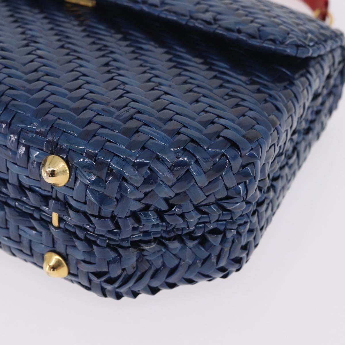 FENDI Macaroni Hand Bag Raffia Blue Gold Auth 215828A
