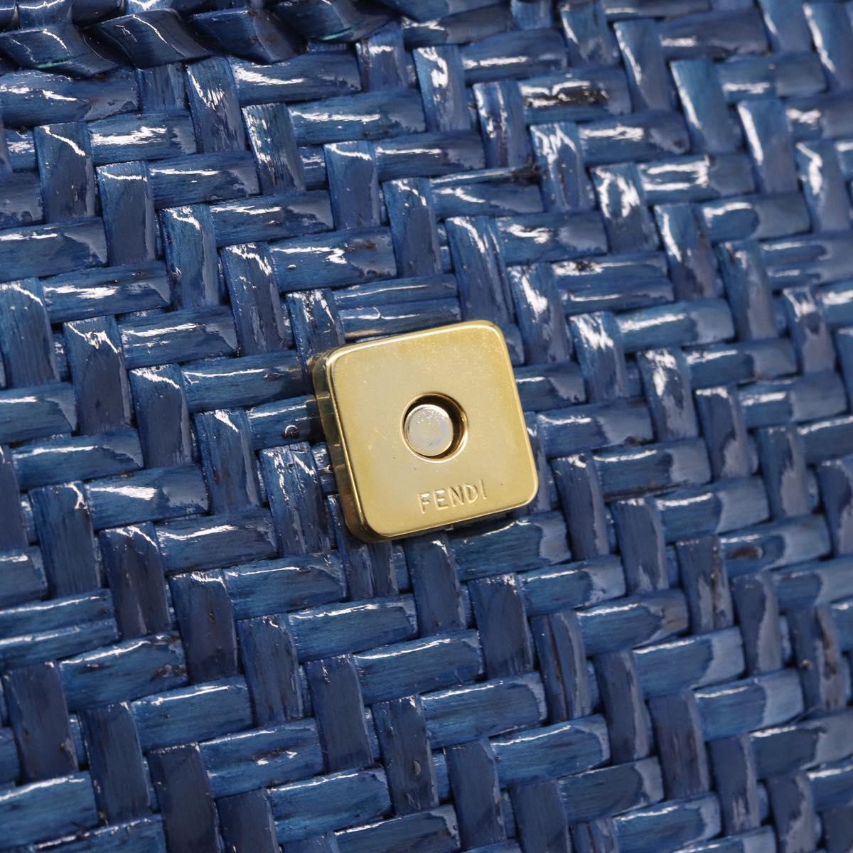 FENDI Macaroni Hand Bag Raffia Blue Gold Auth 215828A