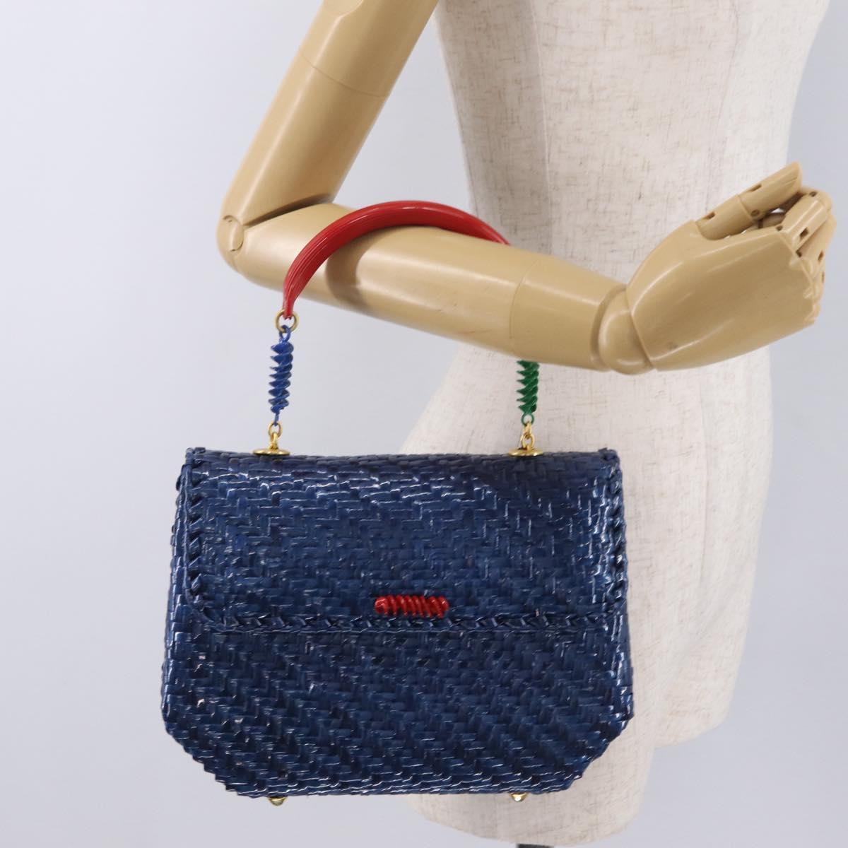 FENDI Macaroni Hand Bag Raffia Blue Gold Auth 215828A