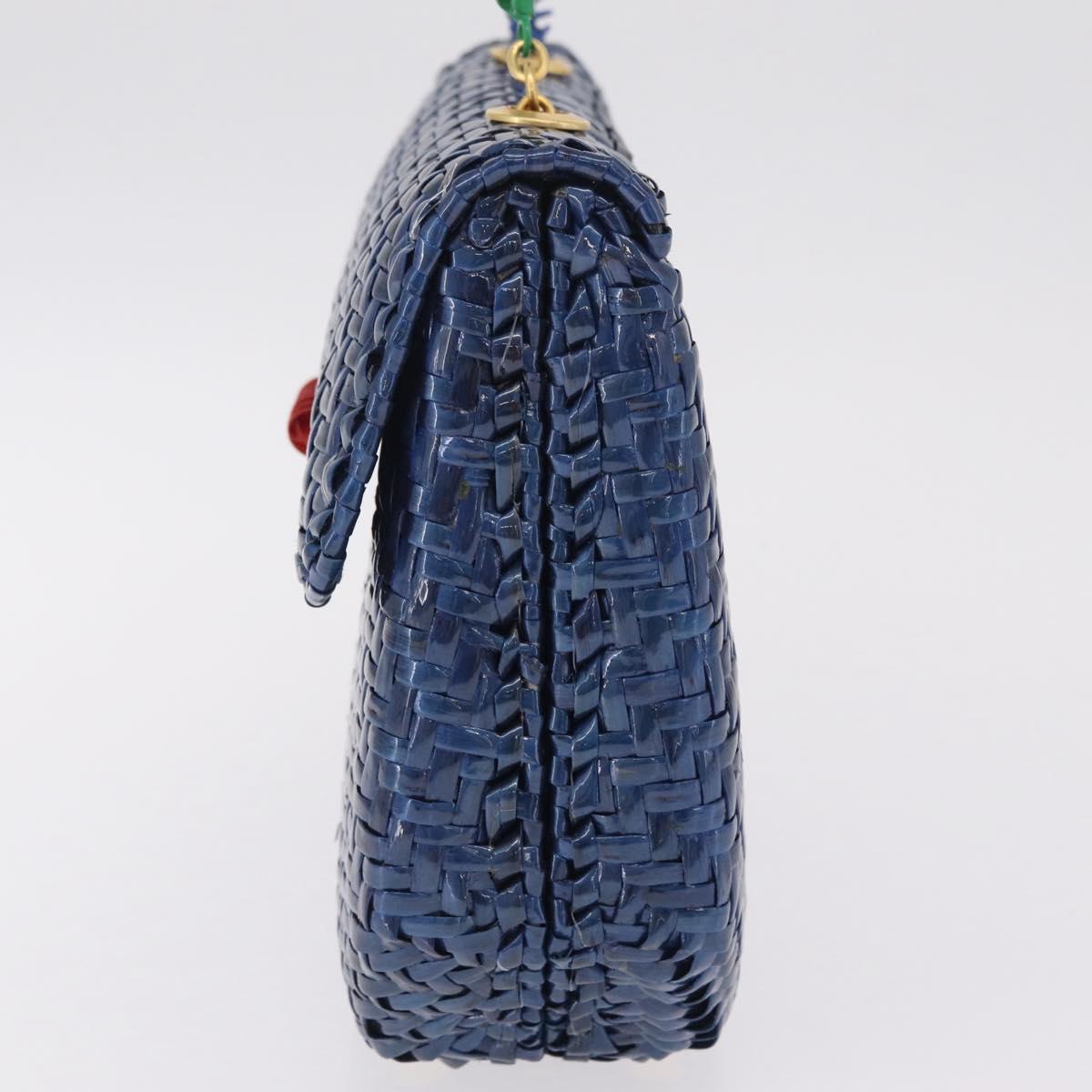 FENDI Macaroni Hand Bag Raffia Blue Gold Auth 215828A