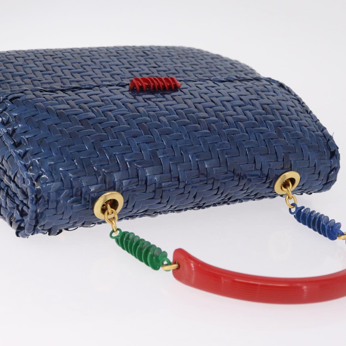 FENDI Macaroni Hand Bag Raffia Blue Gold Auth 215828A