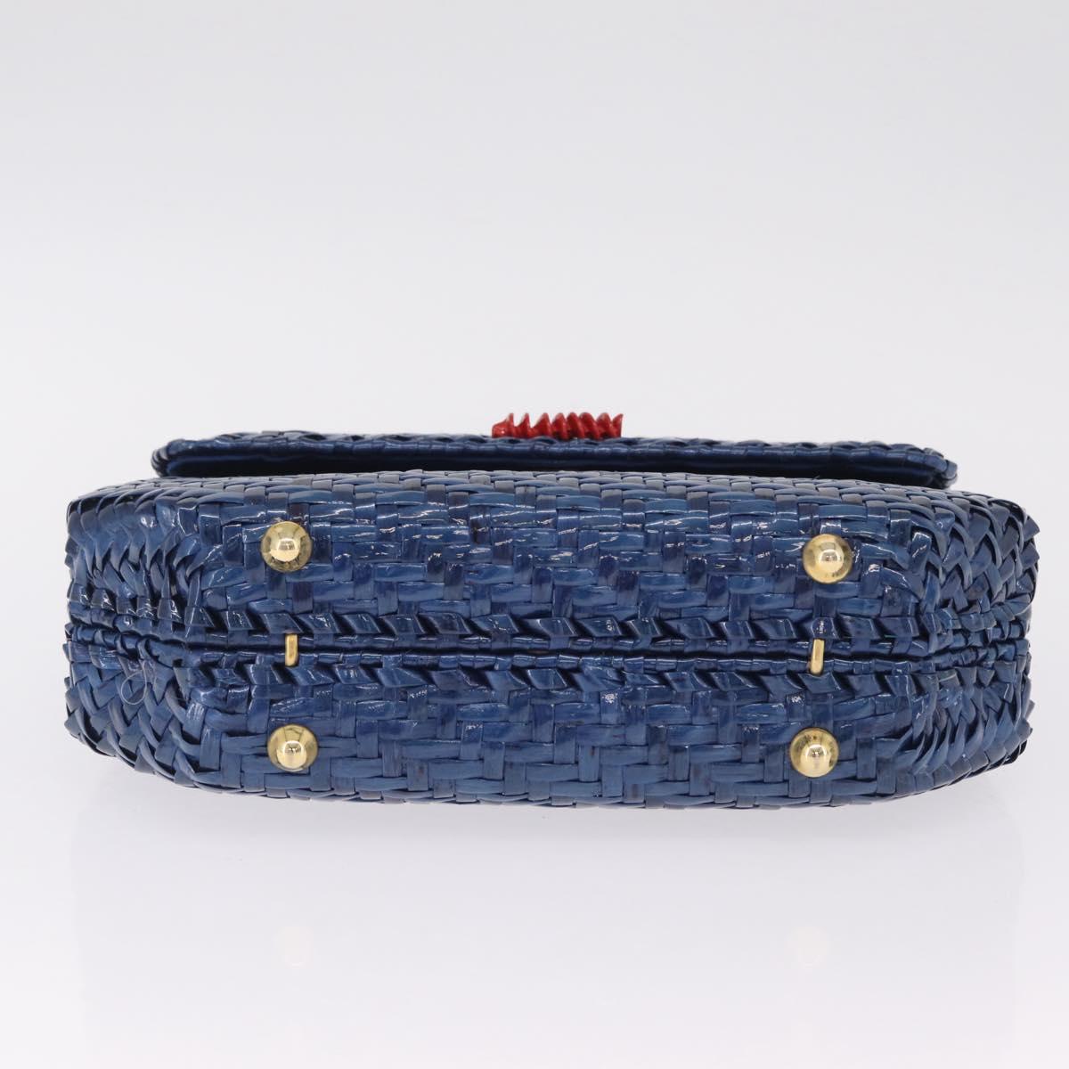 FENDI Macaroni Hand Bag Raffia Blue Gold Auth 215828A
