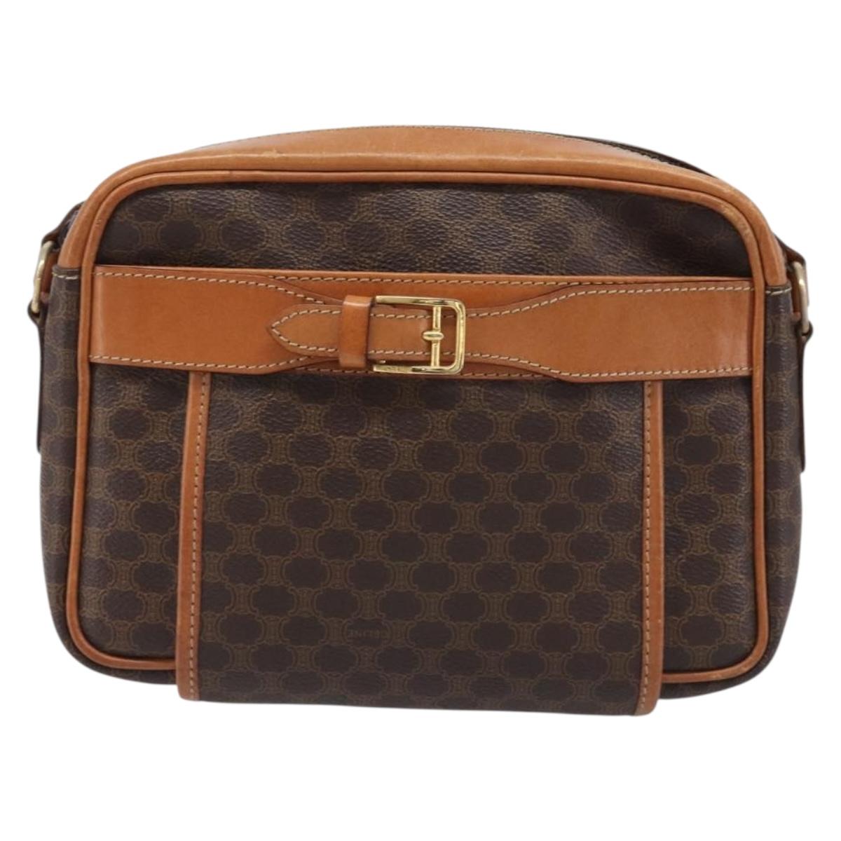 CELINE Macadam Canvas Shoulder Bag PVC Leather Brown Gold Auth 216146A