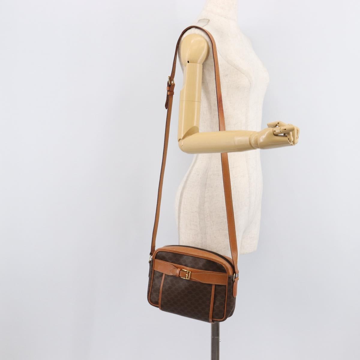 CELINE Macadam Canvas Shoulder Bag PVC Leather Brown Gold Auth 216146A