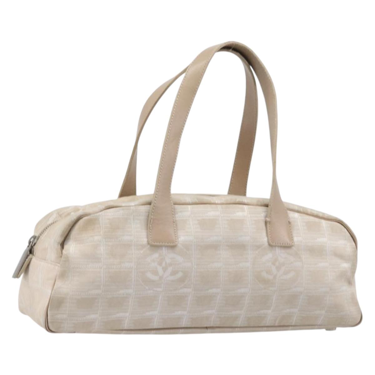 CHANEL New Travel Line Hand Bag Canvas Beige Silver CC Auth 216148