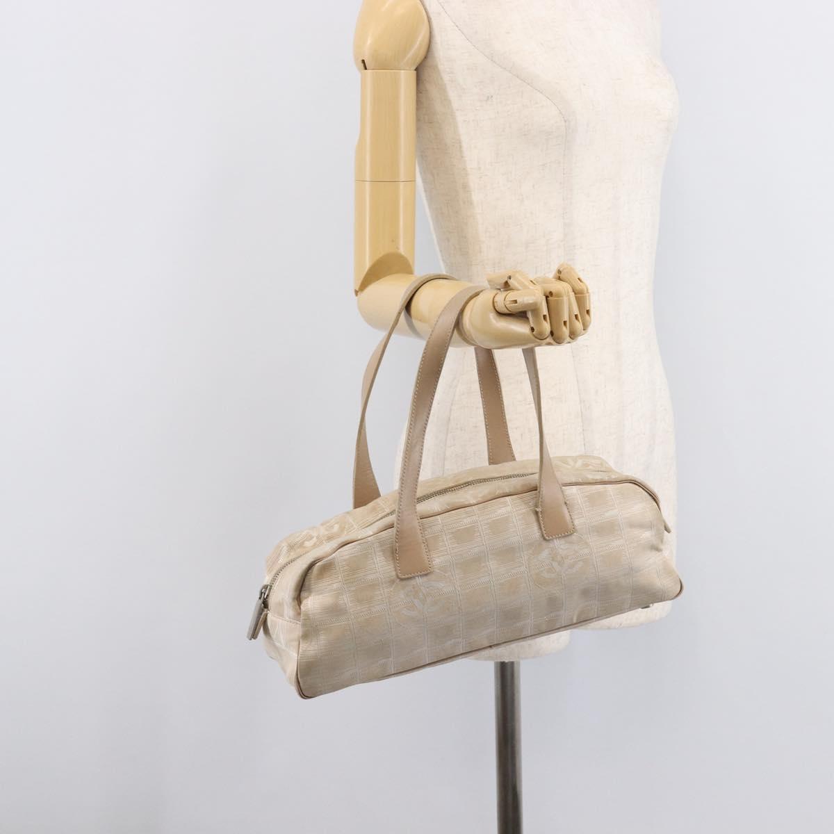 CHANEL New Travel Line Hand Bag Canvas Beige Silver CC Auth 216148