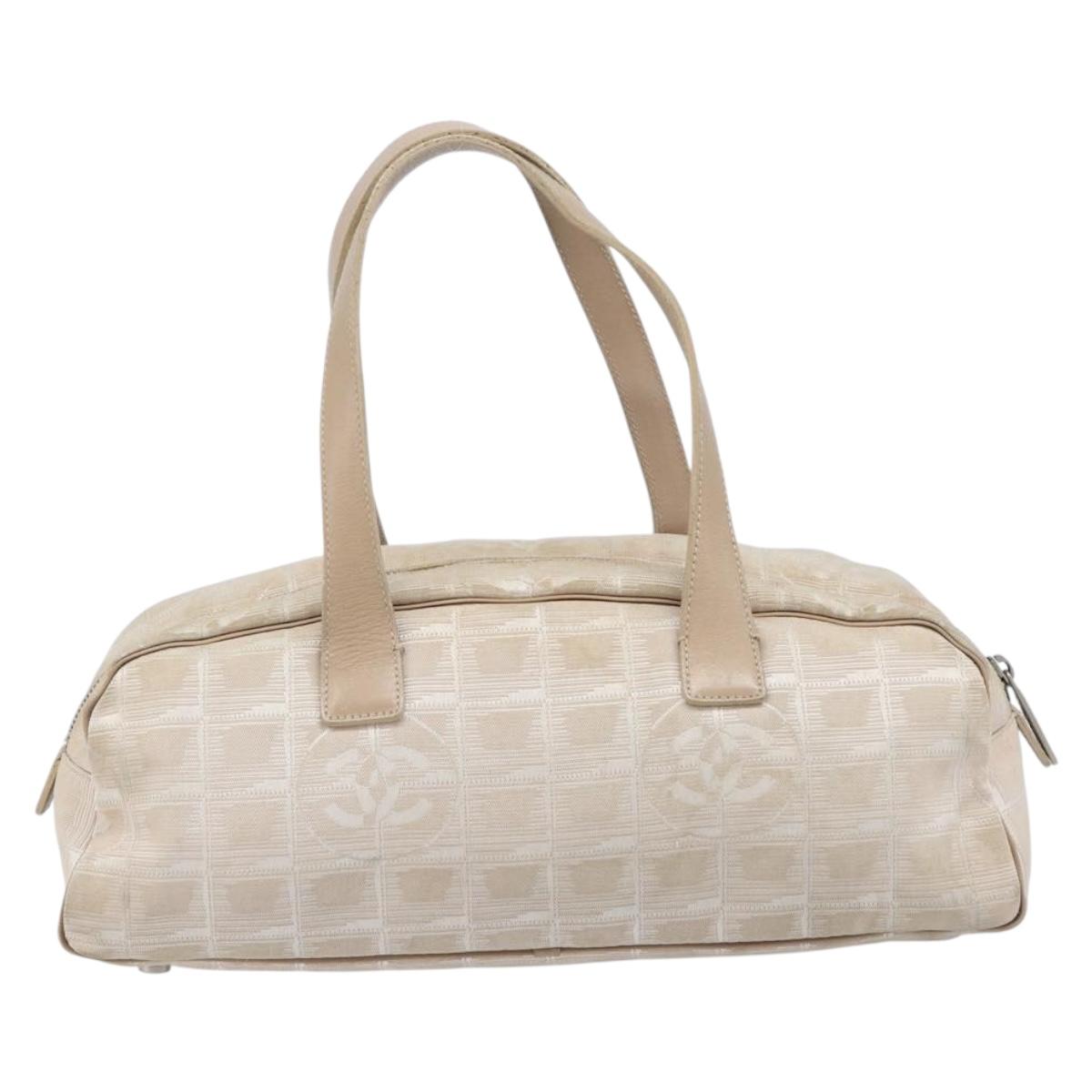 CHANEL New Travel Line Hand Bag Canvas Beige Silver CC Auth 216148