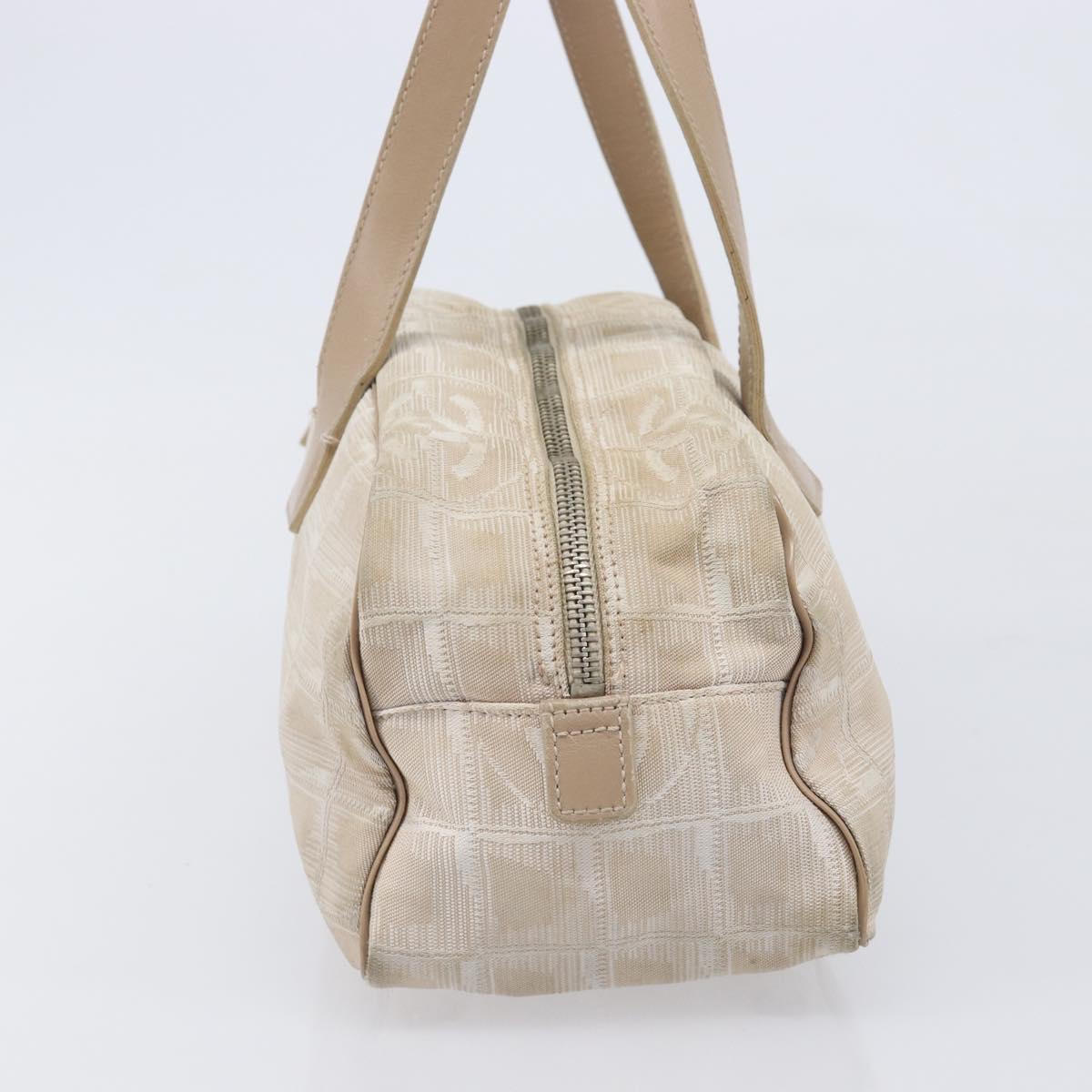 CHANEL New Travel Line Hand Bag Canvas Beige Silver CC Auth 216148