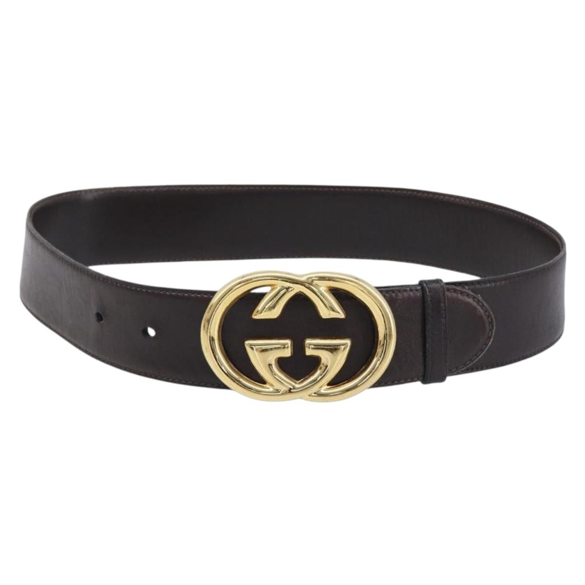 GUCCI Interlocking Belt Leather 31.9"" 65-26 Dark Brown Gold Auth 216149A