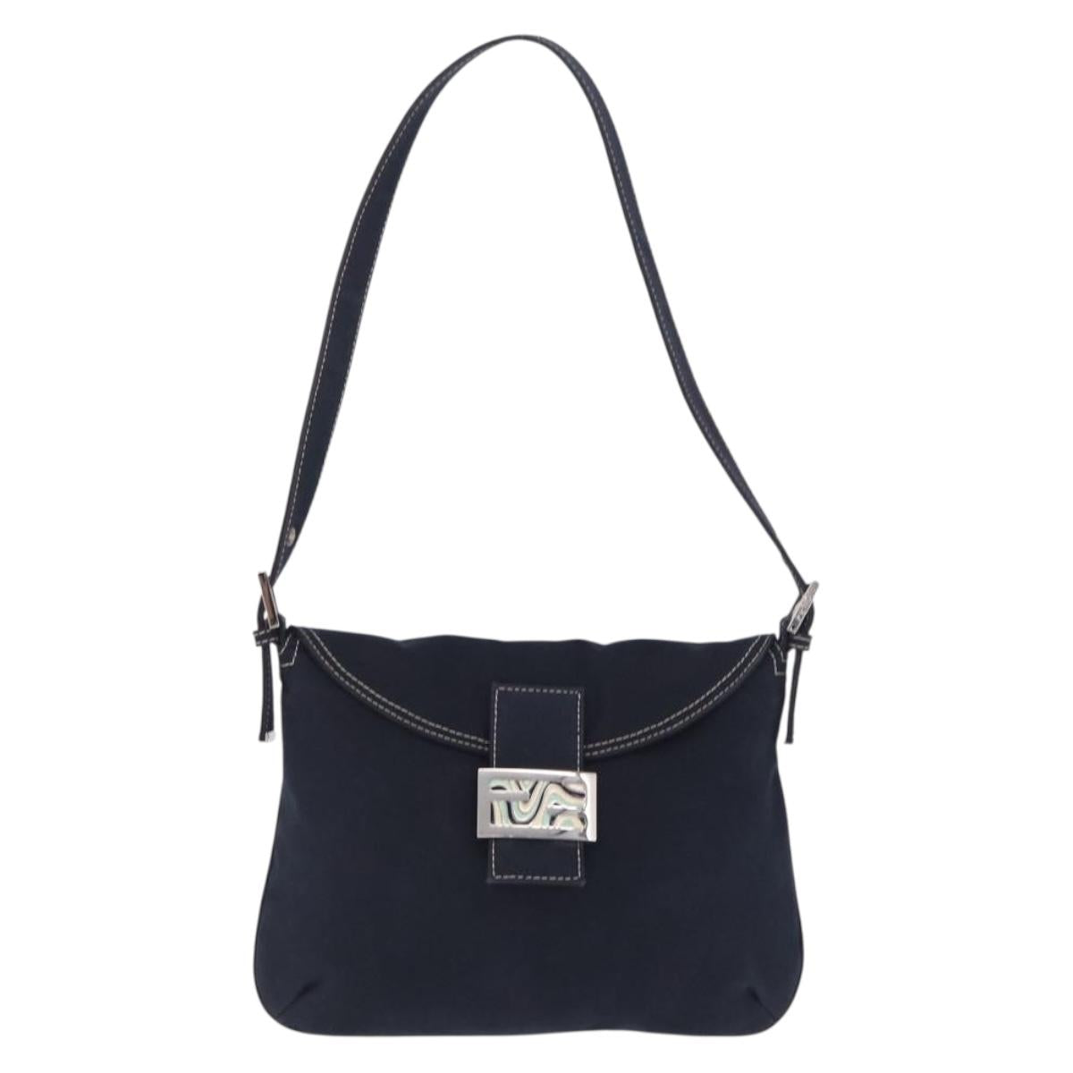 FENDI Mamma Baguette Shoulder Bag Canvas Navy Silver Auth 216165V