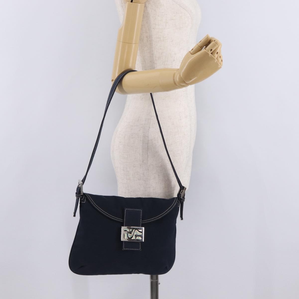 FENDI Mamma Baguette Shoulder Bag Canvas Navy Silver Auth 216165V