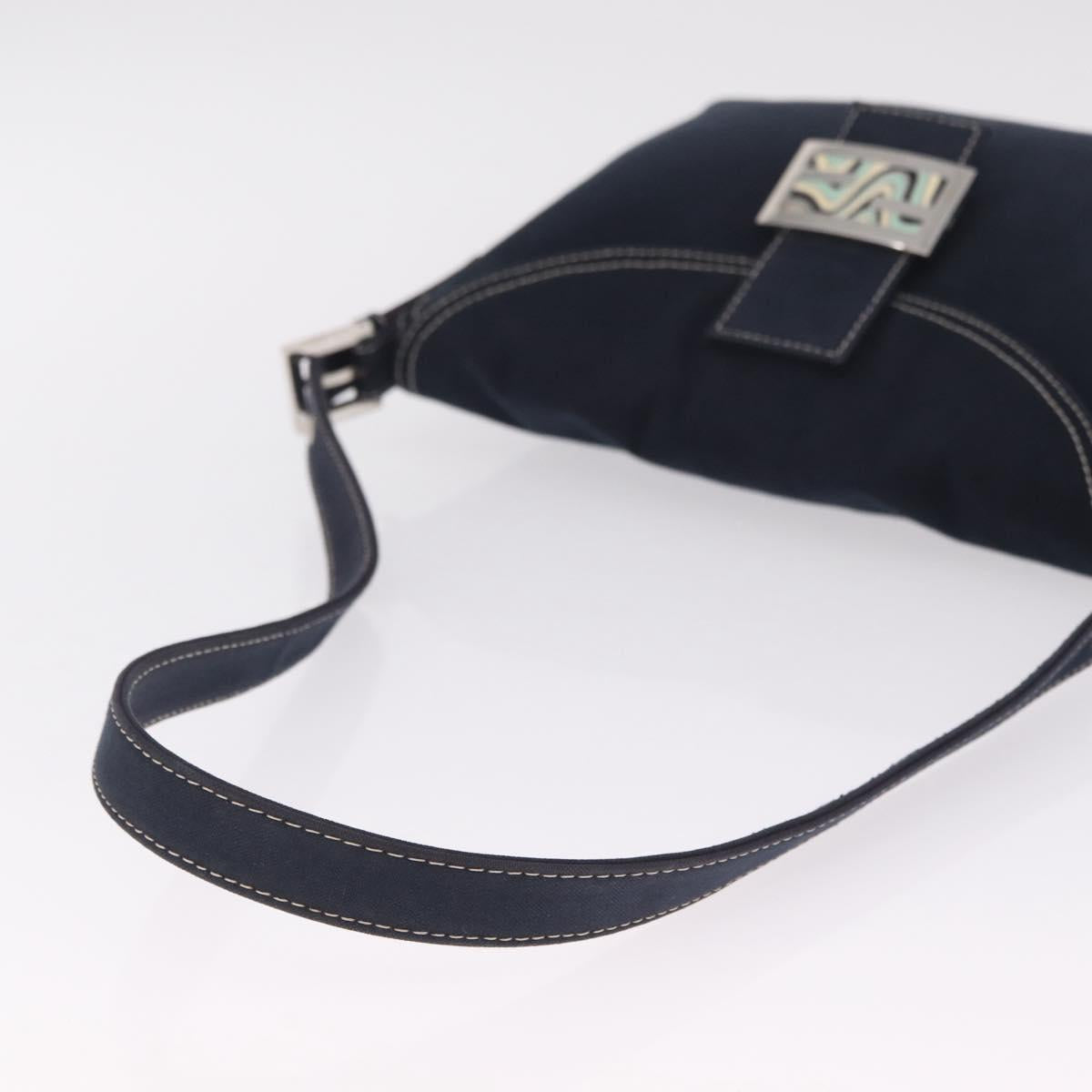 FENDI Mamma Baguette Shoulder Bag Canvas Navy Silver Auth 216165V