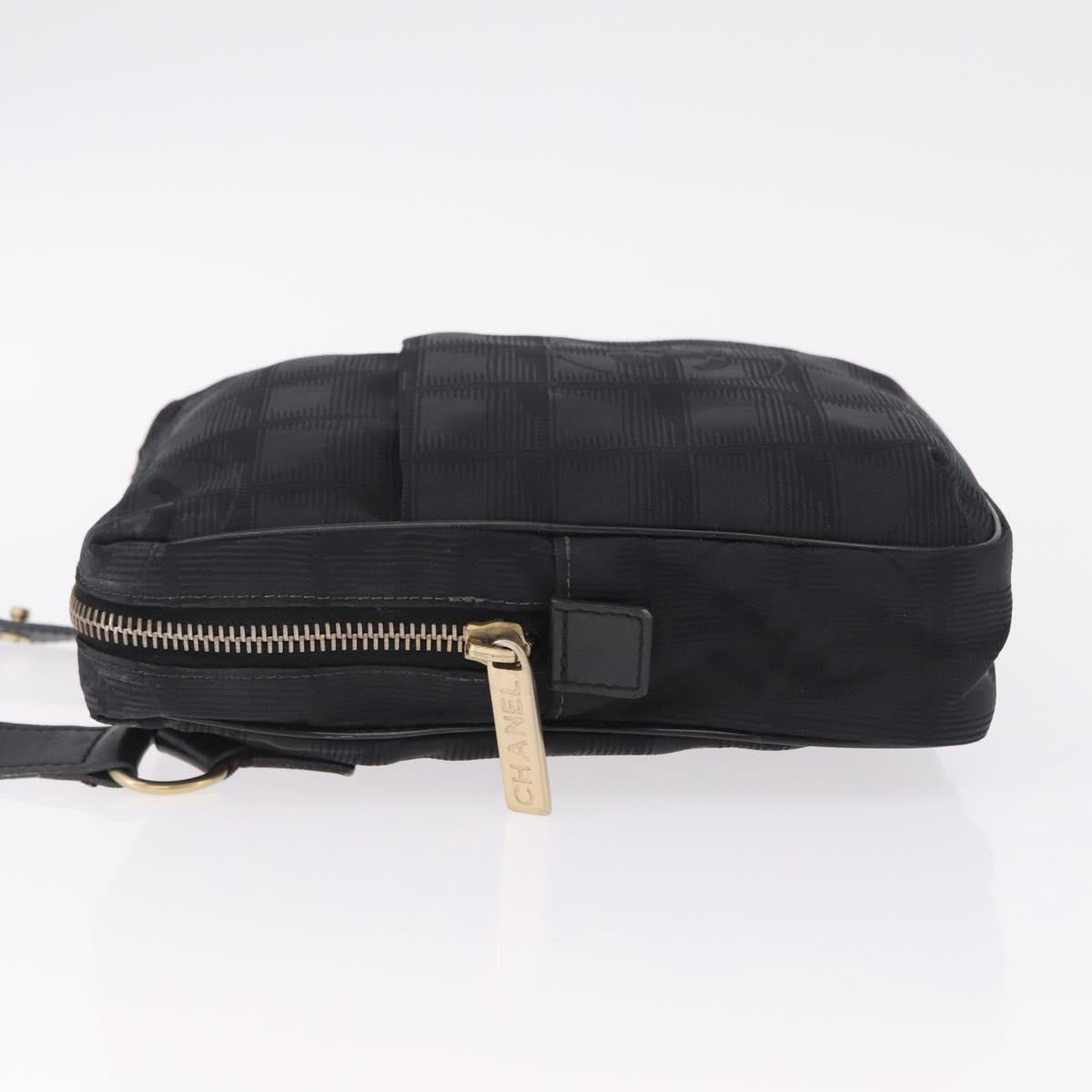 CHANEL New Travel Line Shoulder Bag Canvas Black Gold CC Auth 216176
