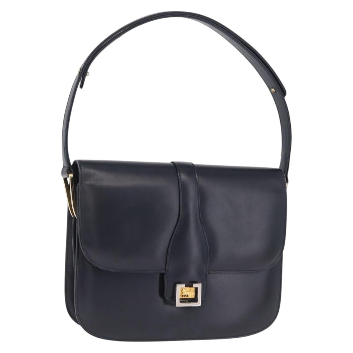 CELINE Shoulder Bag Leather Navy Gold Auth 216179