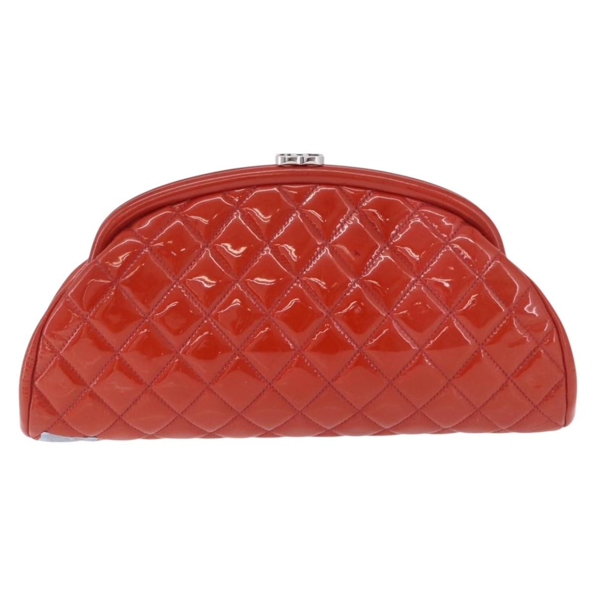 CHANEL Matelasse Clutch Bag Patent leather Orange Silver CC Auth 216262