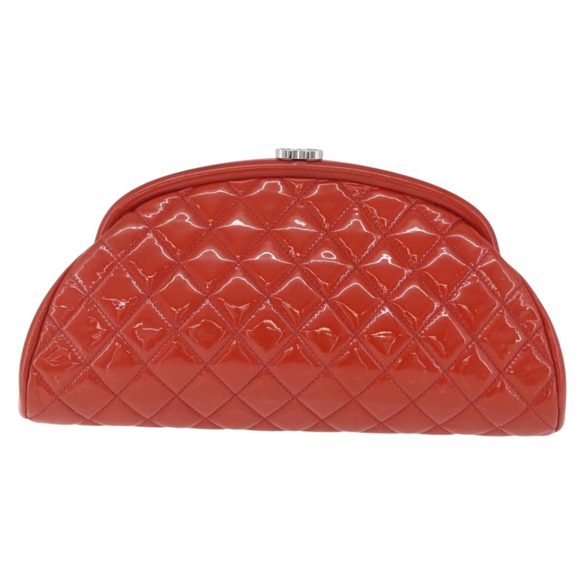CHANEL Matelasse Clutch Bag Patent leather Orange Silver CC Auth 216262