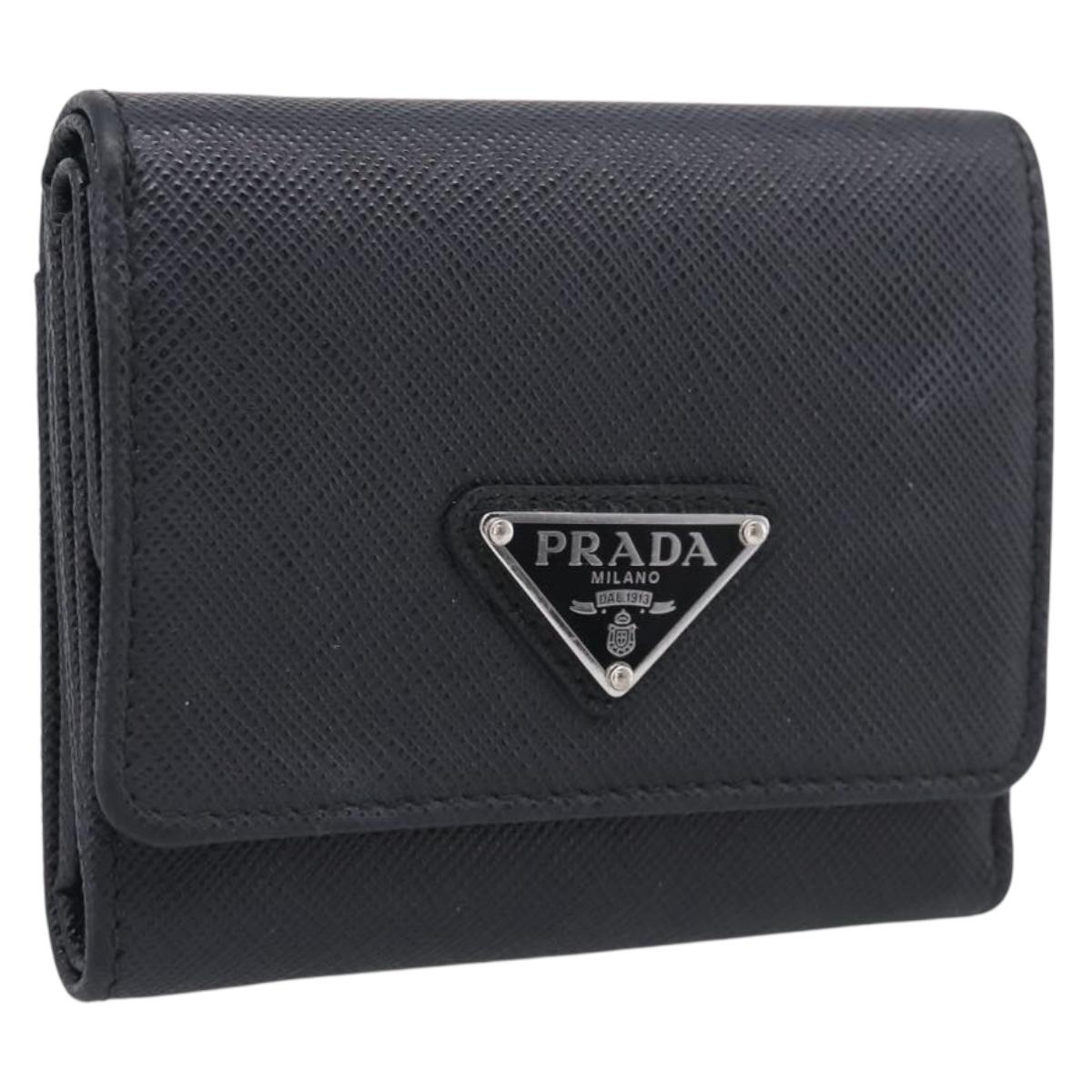 PRADA Trifold Wallet Saffiano leather Black Silver Auth 216267M