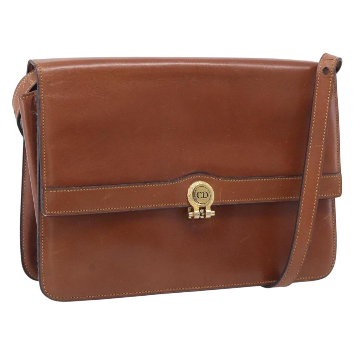 Christian Dior Shoulder Bag Leather Brown Gold Auth 216270