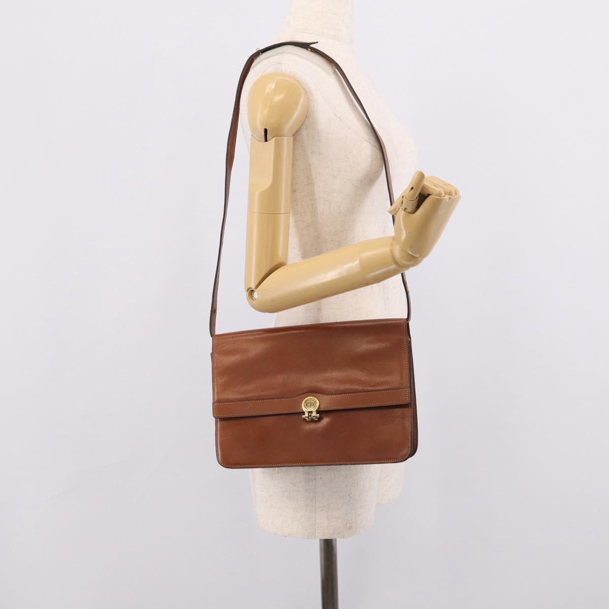 Christian Dior Shoulder Bag Leather Brown Gold Auth 216270