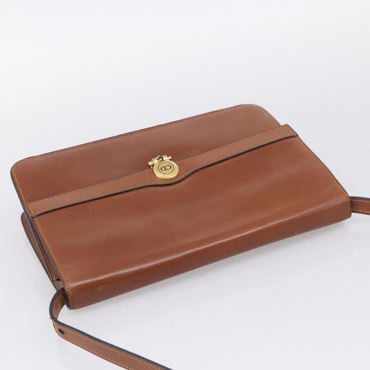 Christian Dior Shoulder Bag Leather Brown Gold Auth 216270