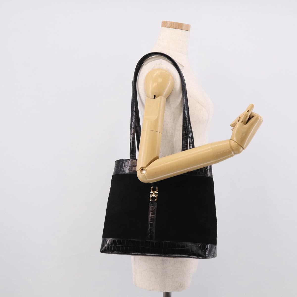 Salvatore Ferragamo Gancini Tote Bag Suede Leather Black Gold Auth 216305A