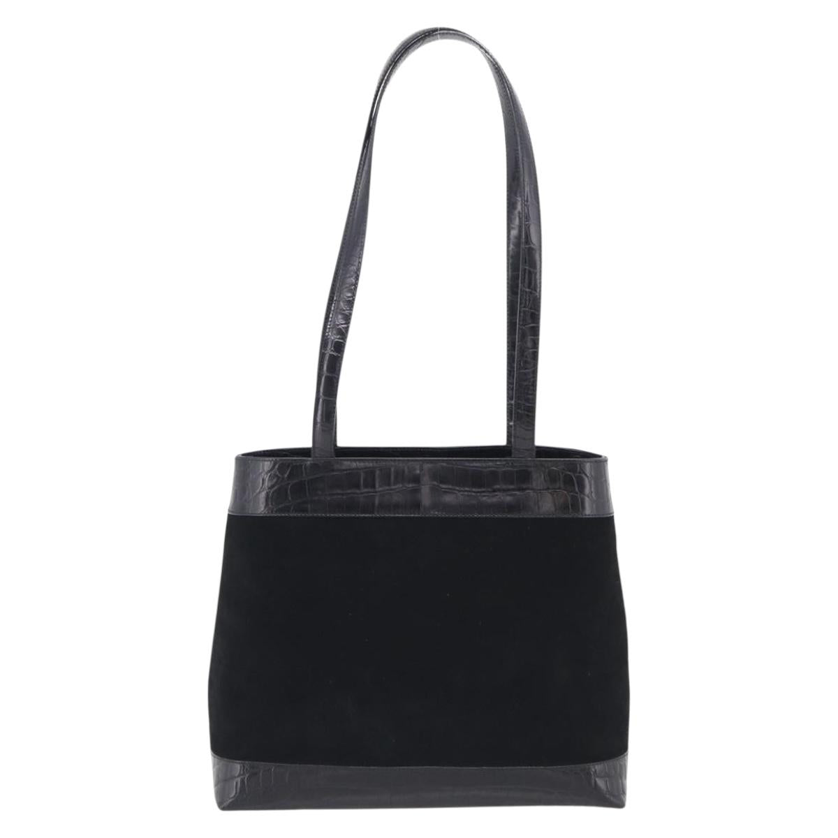 Salvatore Ferragamo Gancini Tote Bag Suede Leather Black Gold Auth 216305A