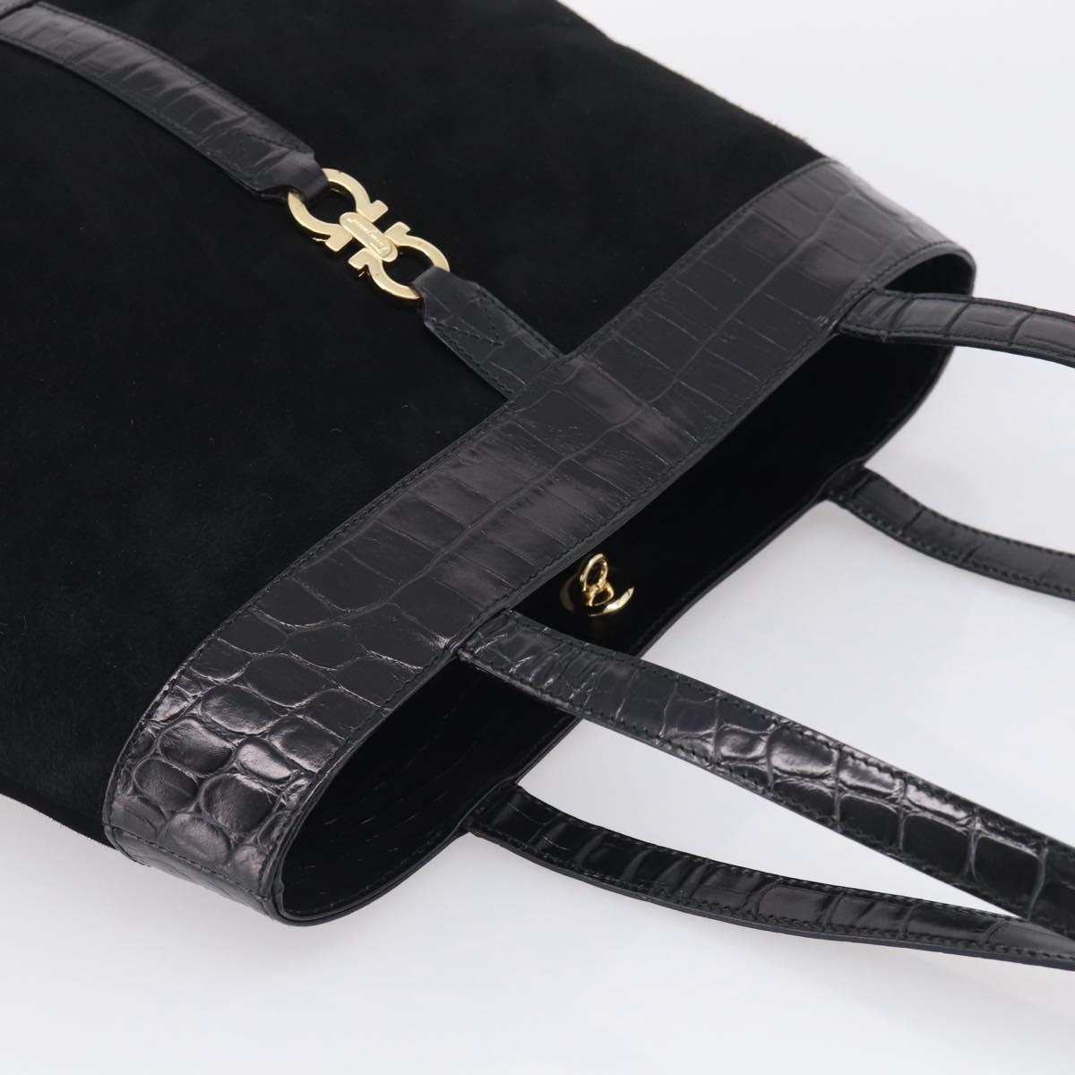 Salvatore Ferragamo Gancini Tote Bag Suede Leather Black Gold Auth 216305A