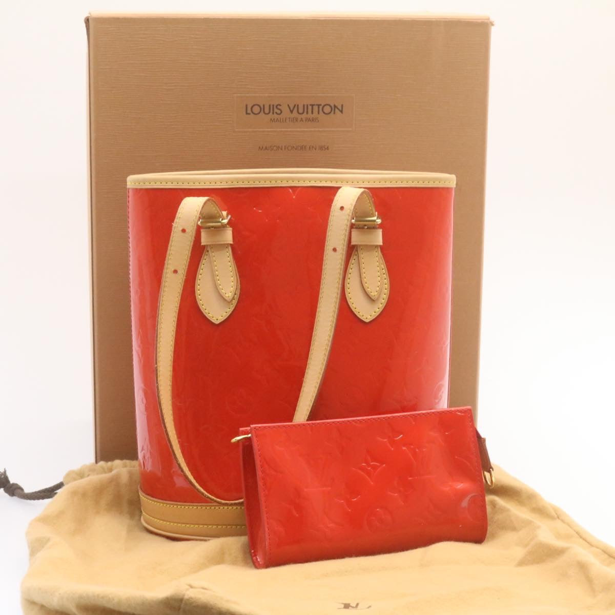 LOUIS VUITTON Monogram Vernis Bucket PM Shoulder Bag SP Order Rouge Auth 22324A