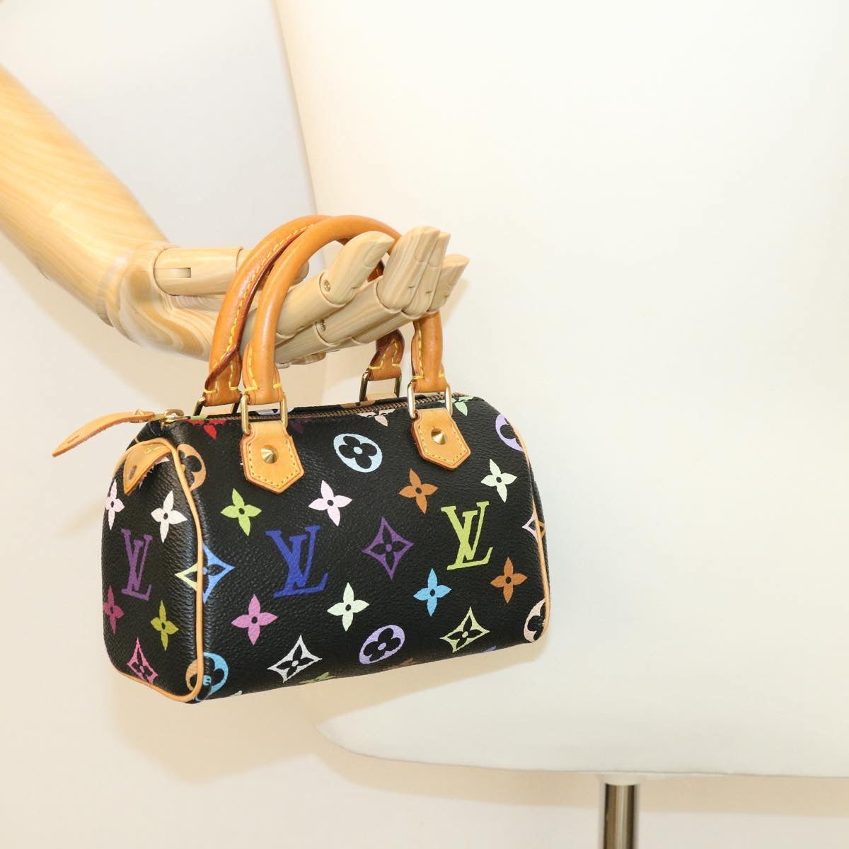 LOUIS VUITTON Monogram Multicolor Mini Speedy Hand Bag Black M92644 Auth knn048