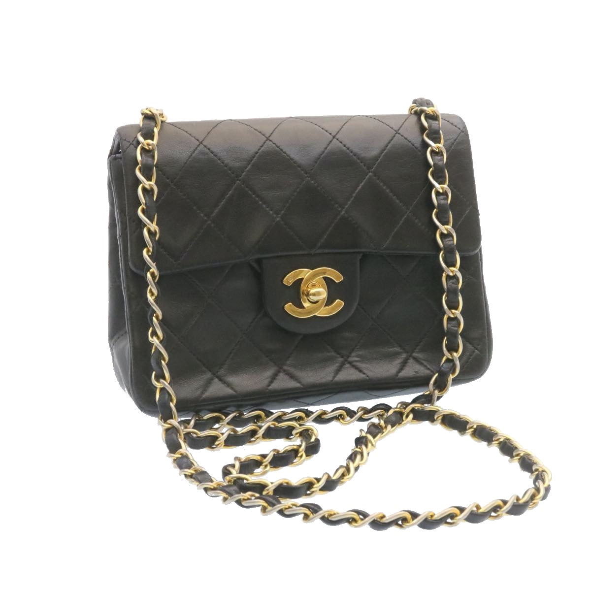 CHANEL Lamb Skin Matelasse Chain Flap Shoulder Bag Black CC Auth 25502A