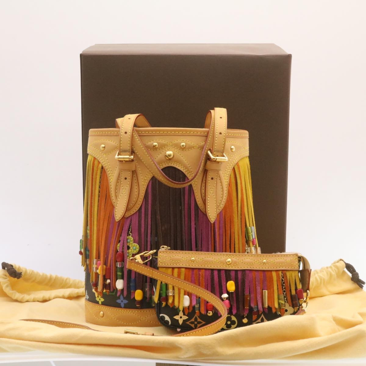 LOUIS VUITTON Monogram Multicolor Bucket Frange ToteBag Black M40110 Auth 25649S