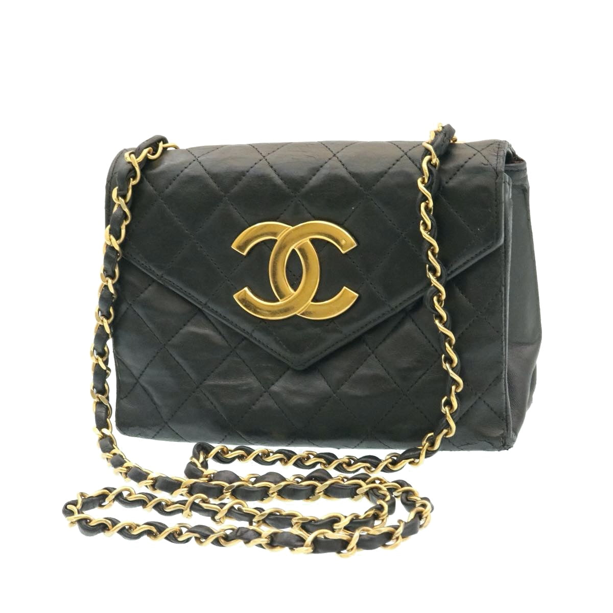 CHANEL Lamb Skin Matelasse Chain Shoulder Bag Black CC Auth 25810A