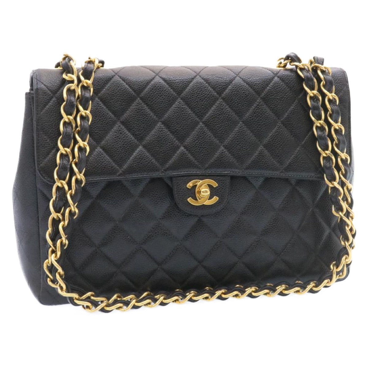 CHANEL Big Matelasse Flap Chain Shoulder Bag Caviar Skin Black Gold Auth 25984A