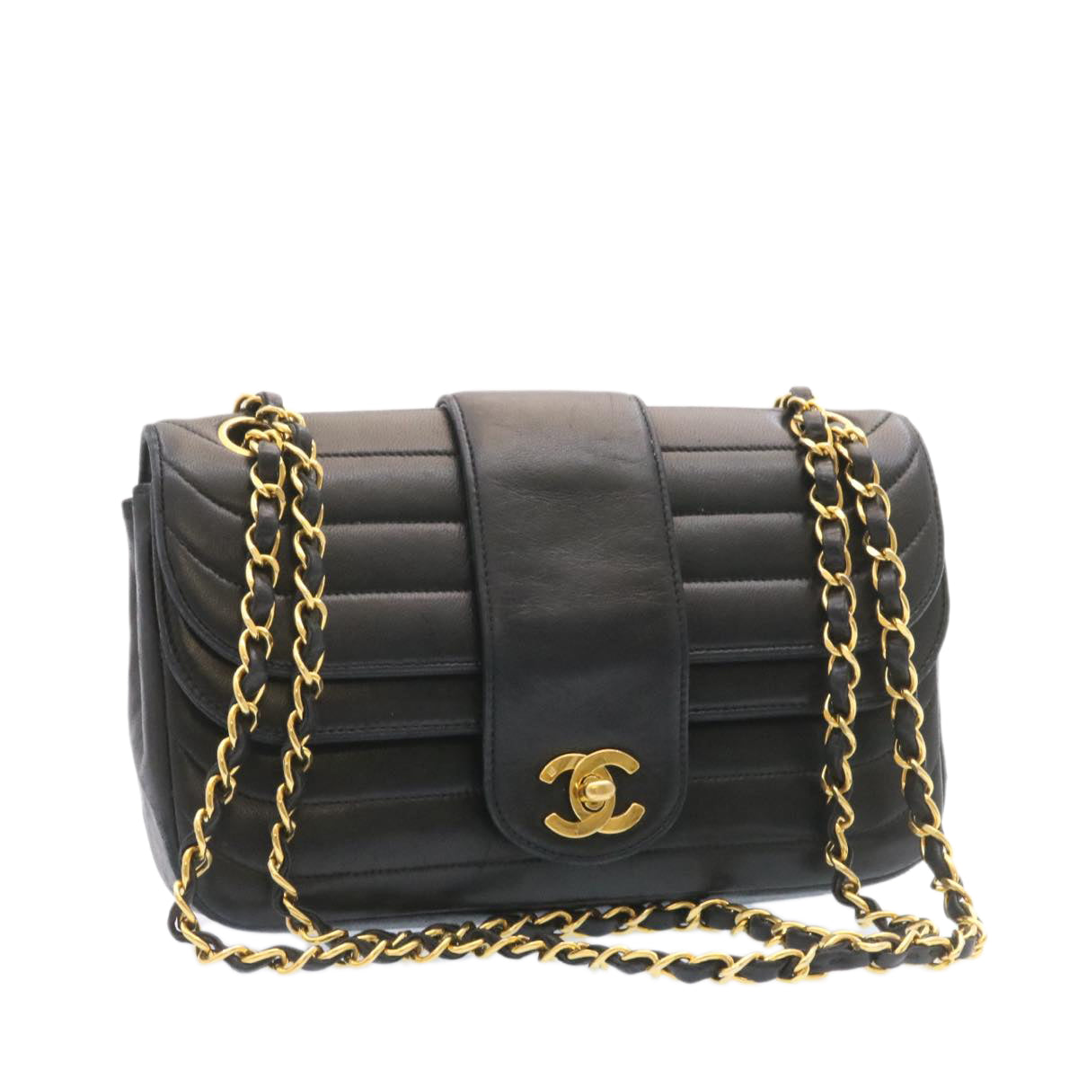 CHANEL Lamb Skin Double Flap Chain Shoulder Bag Black CC Auth 26207A