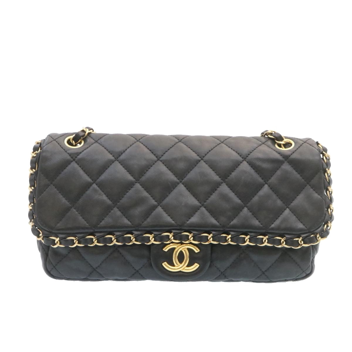 CHANEL Matelasse Chain Flap Shoulder Bag Lamb Skin Black Gold CC Auth 27027A