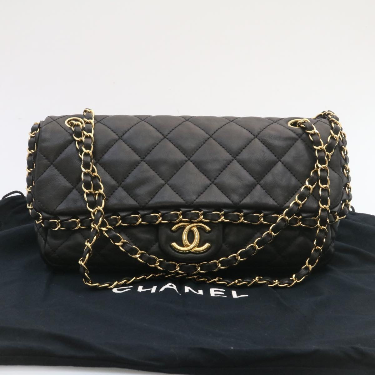 CHANEL Matelasse Chain Flap Shoulder Bag Lamb Skin Black Gold CC Auth 27027A