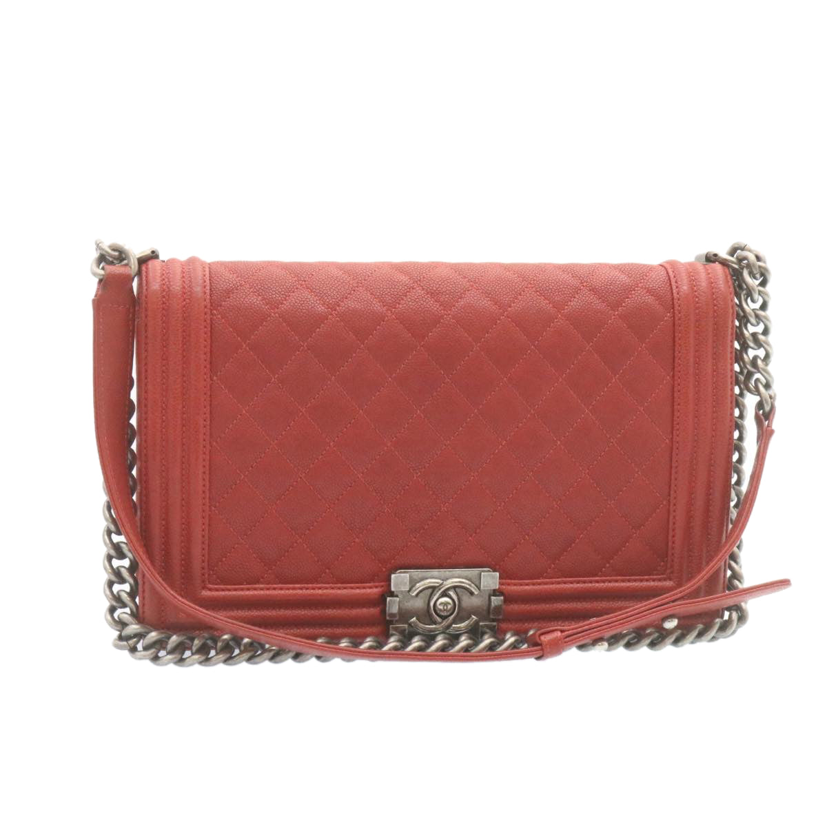 CHANEL Boy Chanel Matelasse Chain Flap Shoulder Bag Leather Red CC Auth 28281SAV