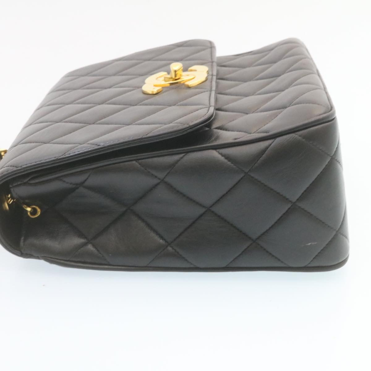 CHANEL Matelasse Chain Flap Shoulder Bag Lamb Skin Black Gold CC Auth 28632SAV