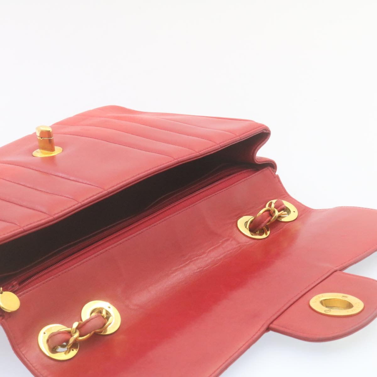 CHANEL Mademoiselle Big Coco Double Chain Shoulder Bag Lamb Skin Red Auth 29129V