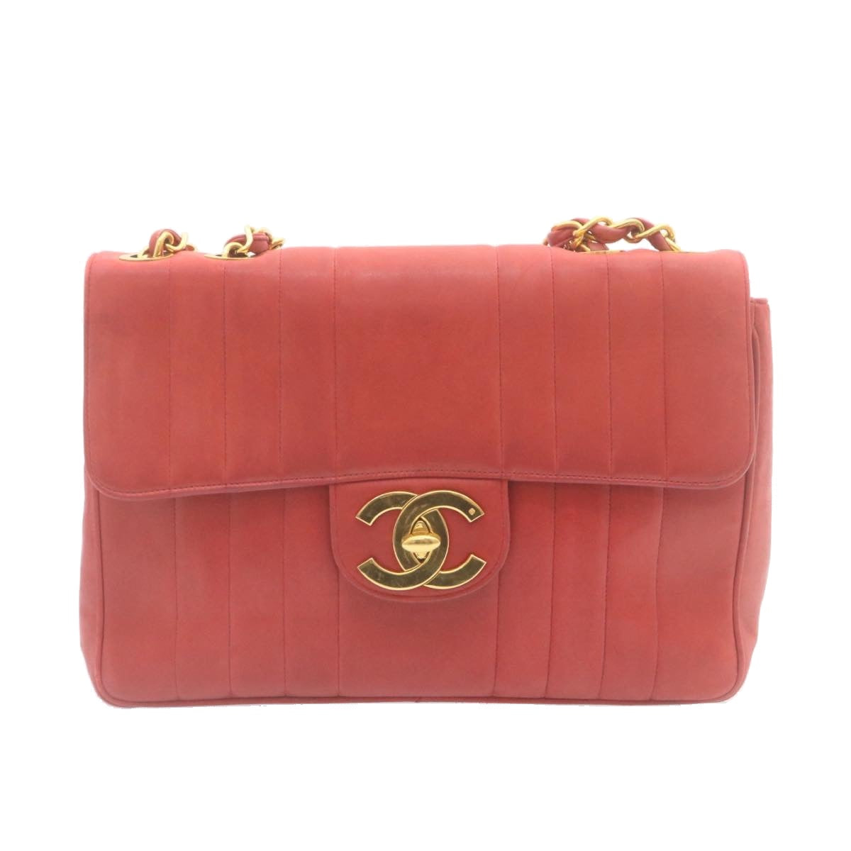 CHANEL Mademoiselle Big Coco Double Chain Shoulder Bag Lamb Skin Red Auth 29129V
