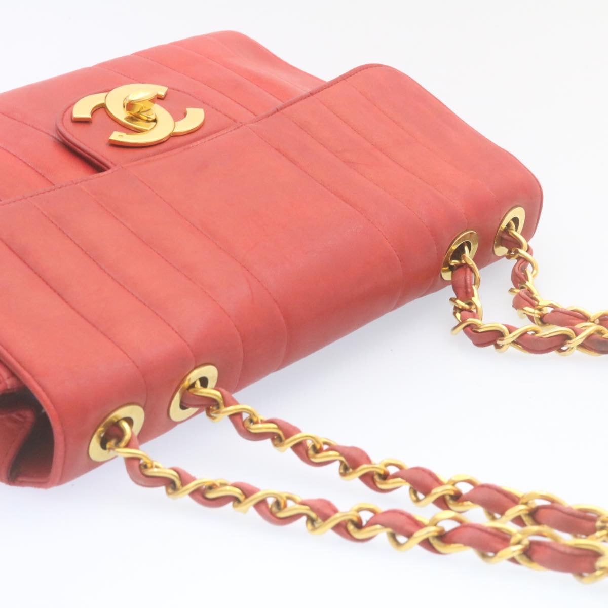 CHANEL Mademoiselle Big Coco Double Chain Shoulder Bag Lamb Skin Red Auth 29129V