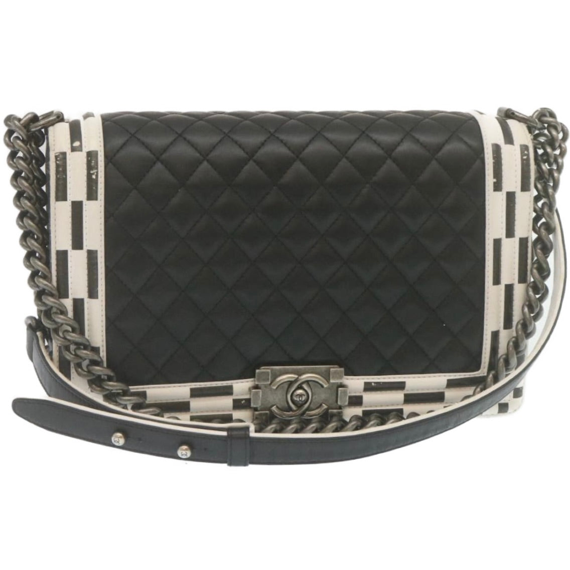 CHANEL Matelasse Boy Chanel Chain Shoulder Bag Lamb Skin Black CC Auth 29190SAM