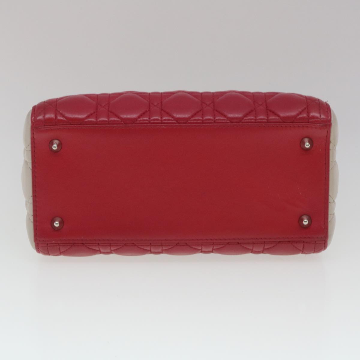 Christian Dior Lady Cannage Medium Hand Bag Lamb Skin Red White Auth 29502SAV