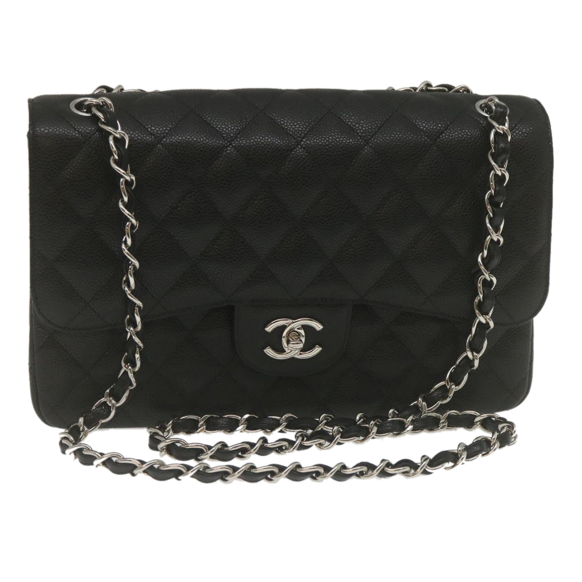 CHANEL Caviar Skin Chain Double Flap Big Matelasse ShoulderBag Black Auth 29507A