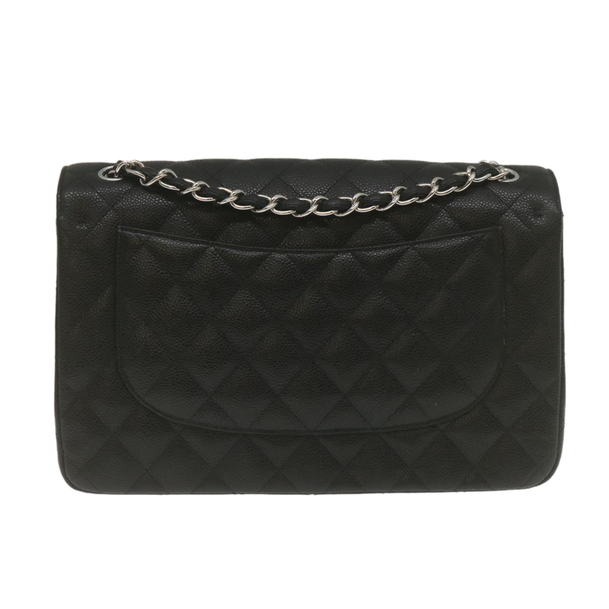 CHANEL Caviar Skin Chain Double Flap Big Matelasse ShoulderBag Black Auth 29507A